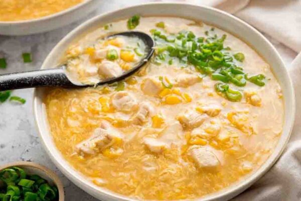 20-Minute Chicken & Sweetcorn Soup, homemade and freshly served
