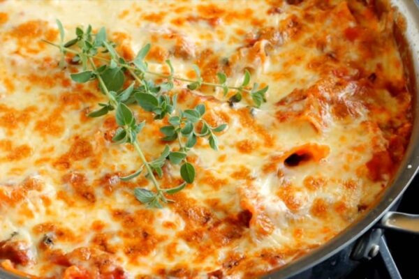 30 Minute Skillet Stovetop Lasagna, homemade and freshly served