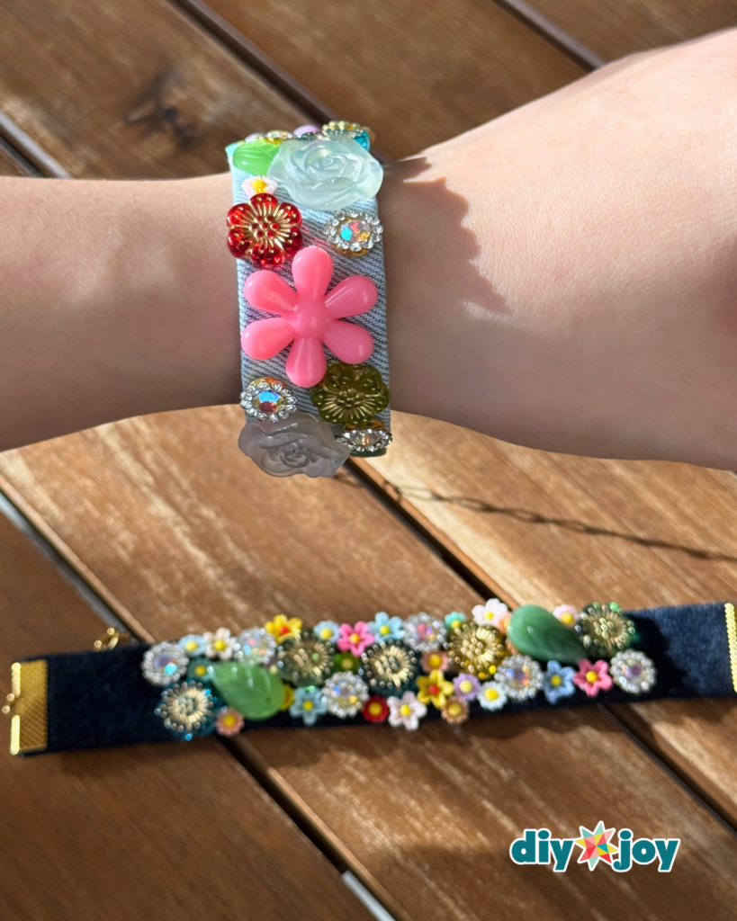 Easy DIY denim bracelet tutorial featuring fabric flowers, colorful beads, and leftover buttons