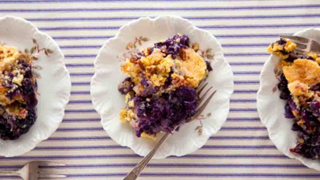 5-Ingredient Pineapple Blueberry Crunch Cake, homemade and freshly served