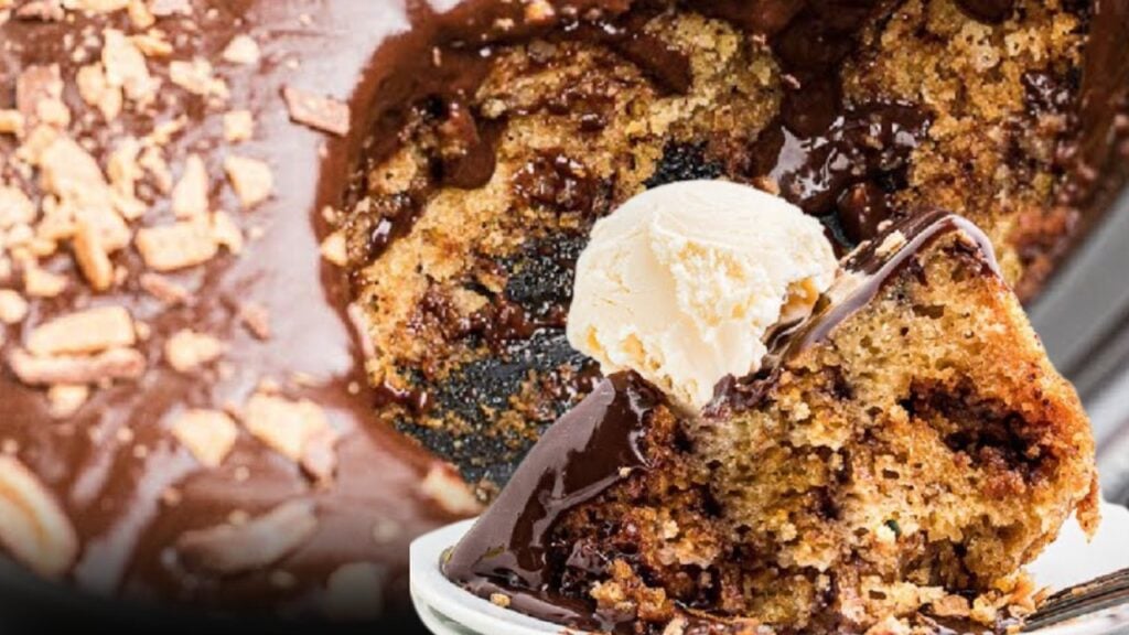 6-Ingredient Slow Cooker Butterfinger Cake, homemade and freshly served