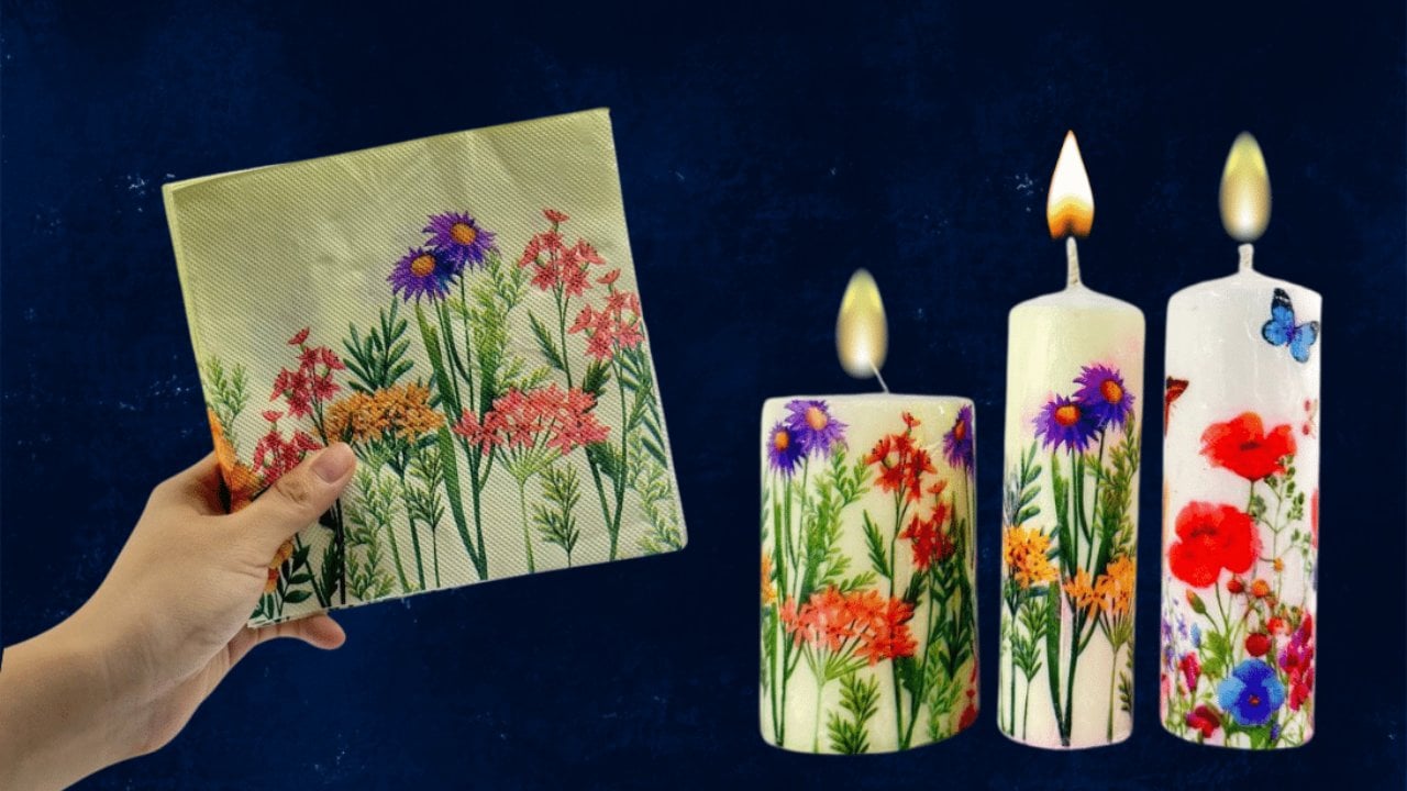 Easy DIY Napkin Paper Candle, All the look of a hand-poured decorated candle with none of the melting. You take a plain