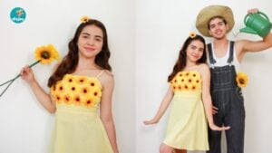 Couples Costumes - side-by-side panels showing the woman alone in a yellow sunflower-covered dress with a flower in her hair, then standing beside a man in a straw hat, white tank top and black overalls holding a green watering can overhead