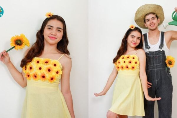 Sunflower and Gardener Halloween Couples Costume Idea — easy step-by-step DIY tutorial.