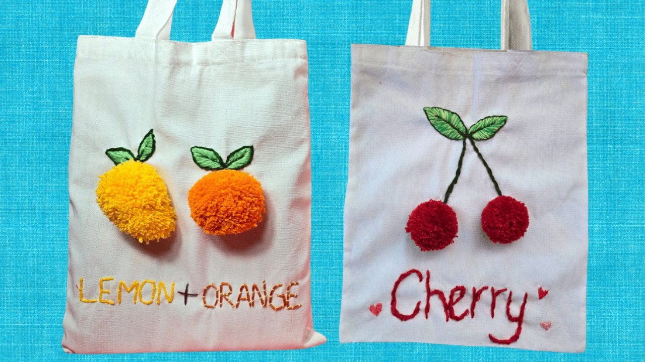 Fruit Embroidered Tote Bag, You stitch a piece of fruit onto a plain canvas tote and a $4 blank turns into something people