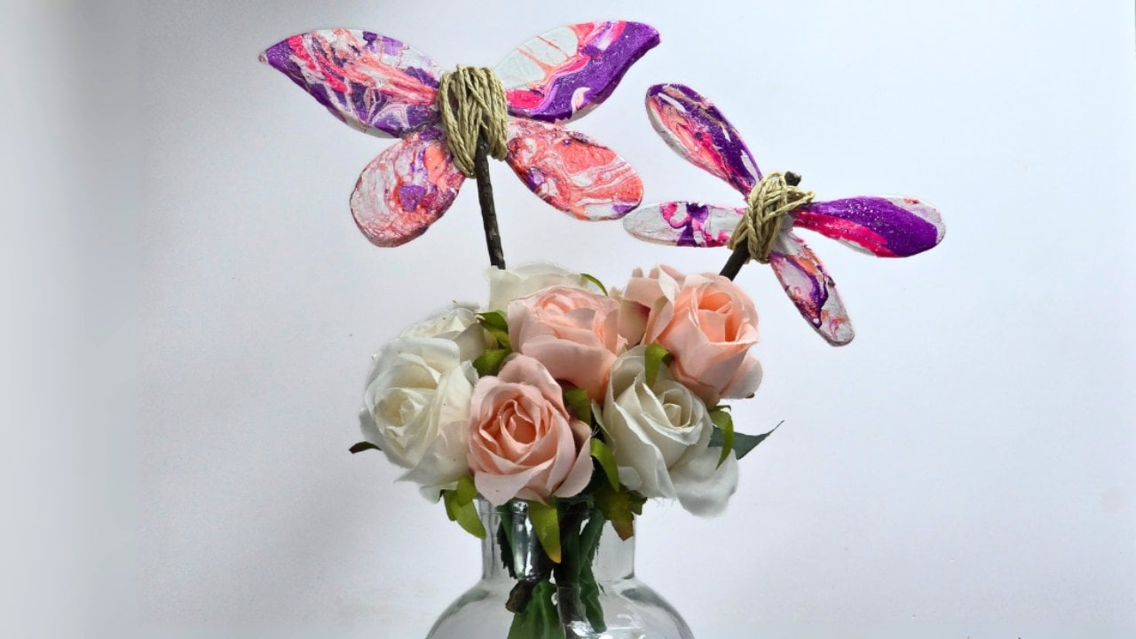 Marbled Clay Butterfly Wand, Air dry clay wings dipped into nail polish floated on water, so every single one marbles