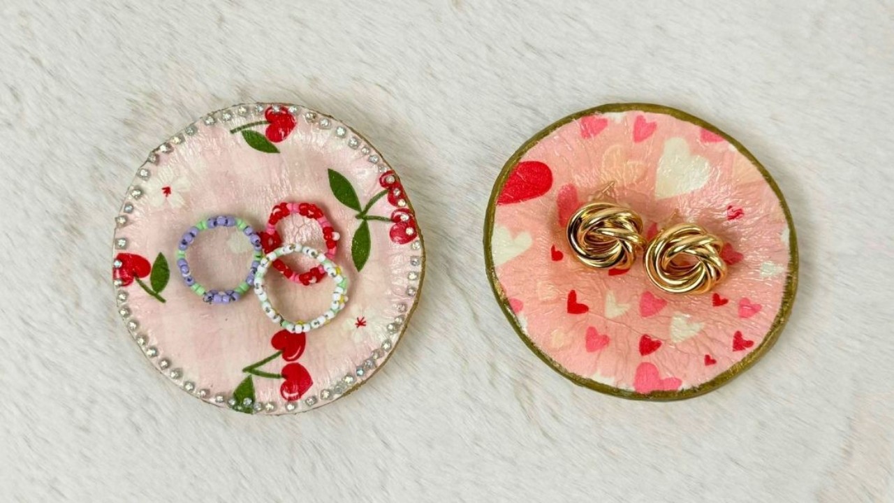 DIY Air Dry Clay Decoupage Jewelry Dish DIY Air Dry Clay Decoupage Jewelry Dish, A shallow clay dish with a decoupaged pattern inside, which is the item that sells