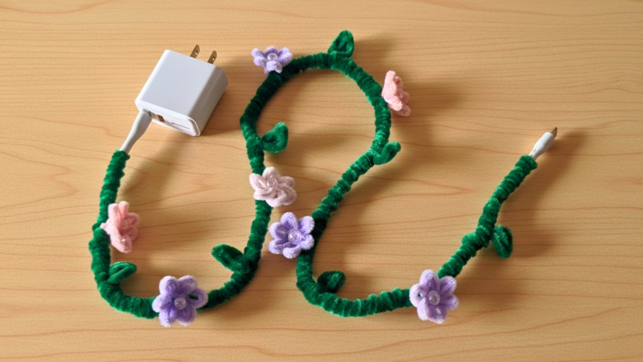 White charger plug and cable wrapped in a green pipe cleaner vine with pink and purple flowers, on pale wood