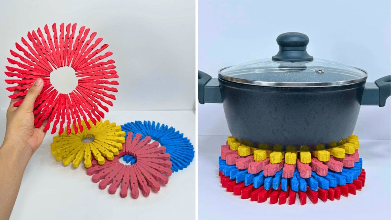 Clothespin Trivet DIY | Colorful Kitchen Craft Easy colorful clothespin trivets in red, yellow, pink and blue, one stacked trivet holding a gray pot, a DIY kitchen craft