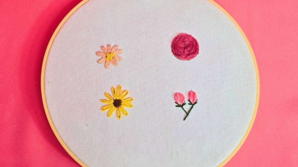4 Simple Flower Embroidery Stitches — easy step-by-step DIY tutorial.