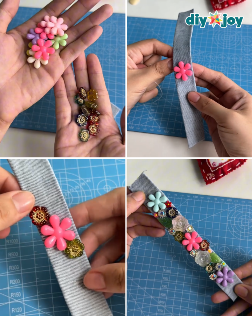 Finished DIY denim flower bracelet made with old jeans and leftover jewelry-making supplies