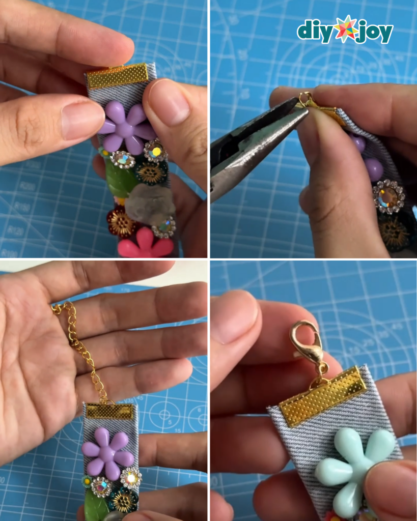 Adding ribbon clamp ends, a chain, and a clasp to an upcycled denim bracelet