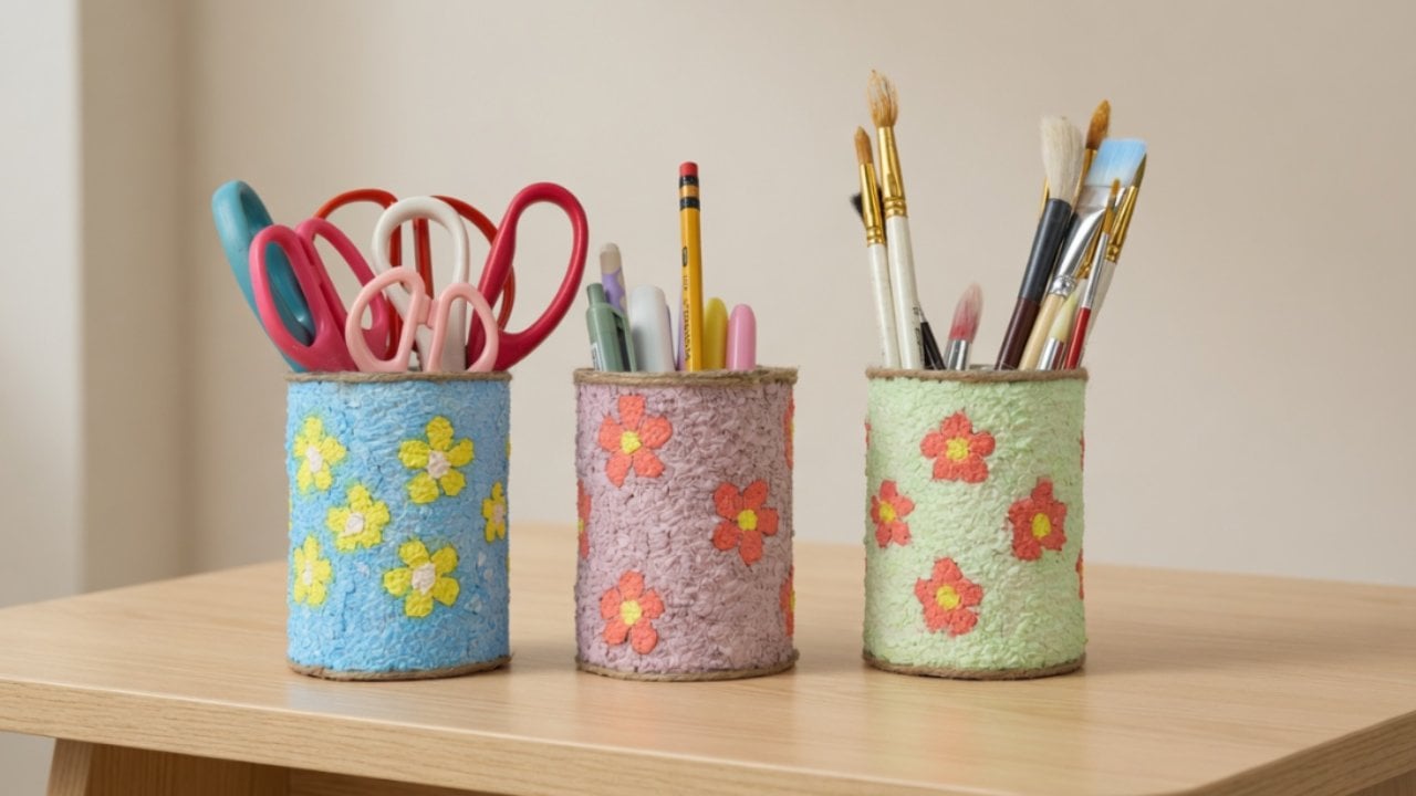 Tin cans covered in colored paper mache with raised flower designs, holding pens, scissors and paintbrushes