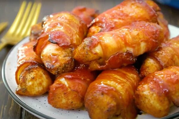 Air Fryer Bacon Wrapped Chicken Tenders, homemade and freshly served