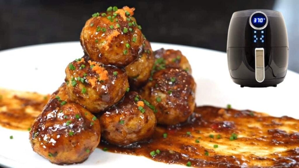 Air Fryer Jerk Chicken Meatballs With BBQ Sauce, homemade and freshly served