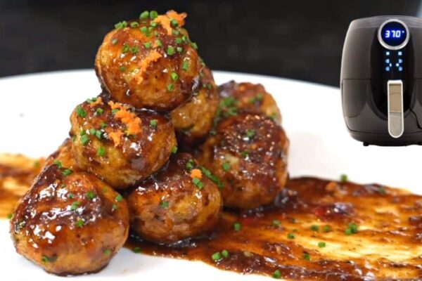 Air Fryer Jerk Chicken Meatballs With BBQ Sauce, homemade and freshly served