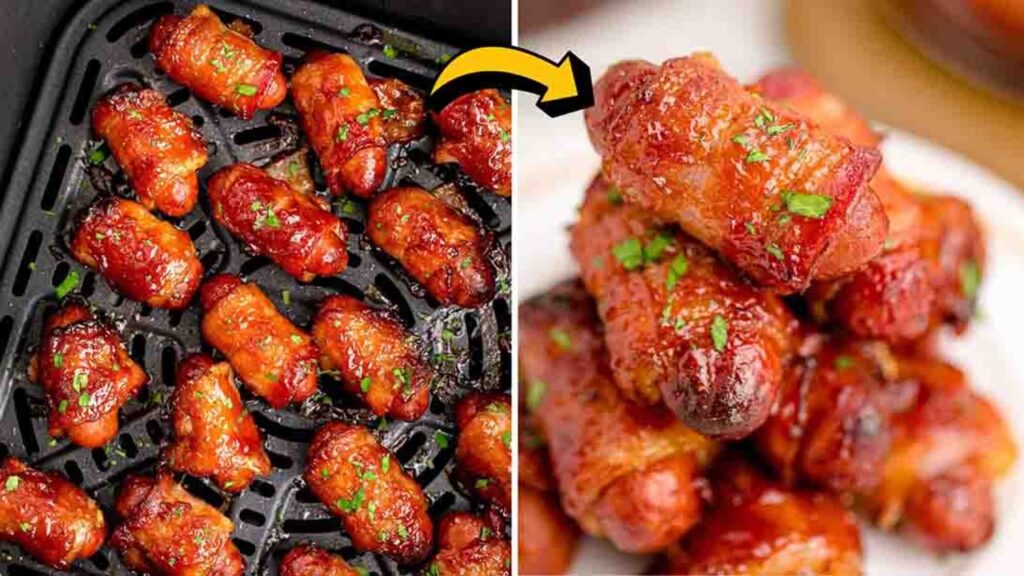 Air Fryer Bacon Wrapped Mini Smokies, homemade and freshly served