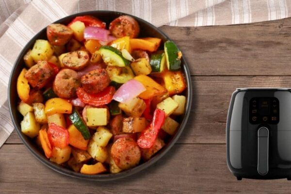 Air Fryer Sausage and Vegetables, homemade and freshly served