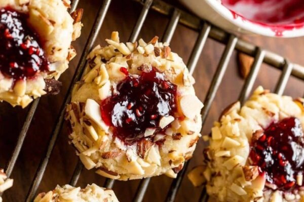 Almond Raspberry Thumbprint Cookies, homemade and freshly served