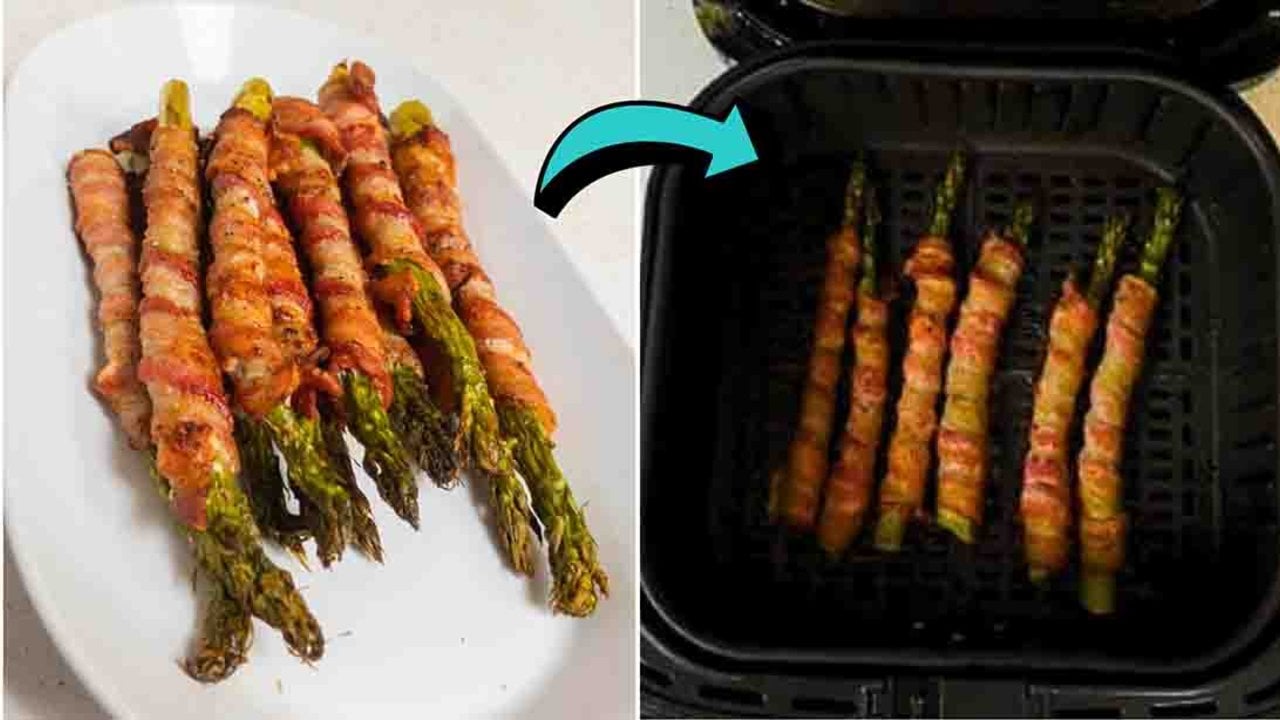 Two panel graphic of air fryer bacon wrapped asparagus on a white plate and in a black air fryer basket