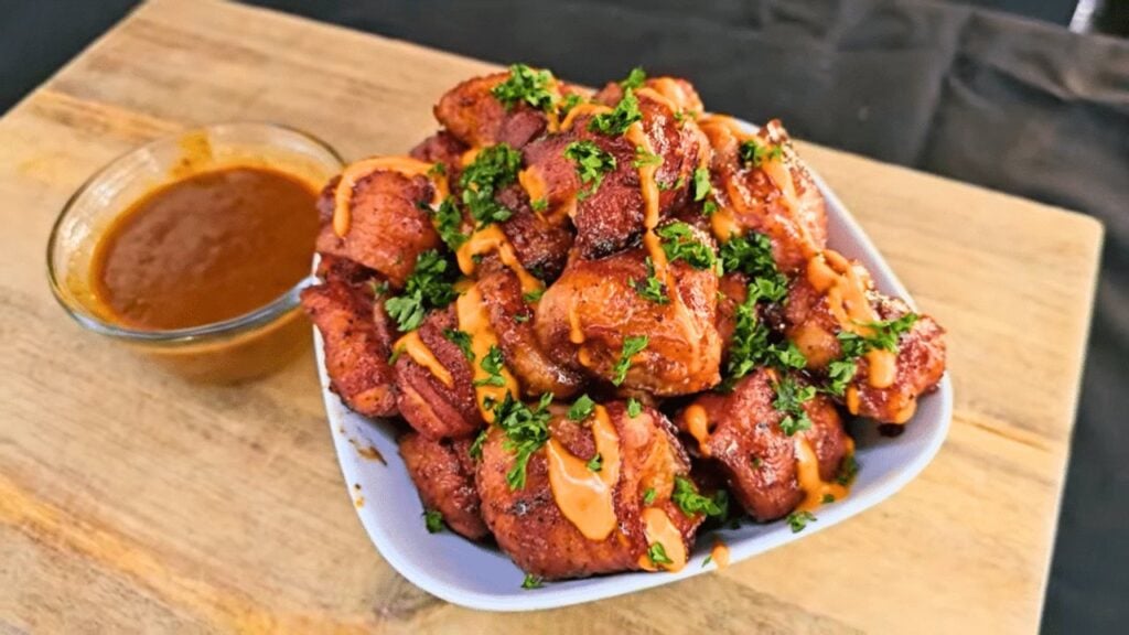 Bacon Wrapped Chicken Cheese Bites, homemade and freshly served