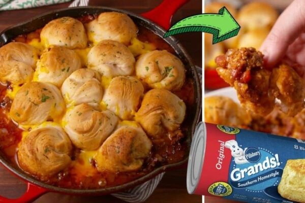 Baked Chili And Biscuits Skillet, homemade and freshly served
