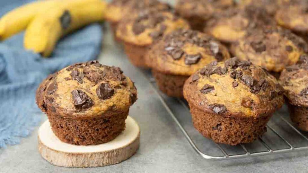 Banana Peanut Butter Chocolate Muffins, homemade and freshly served