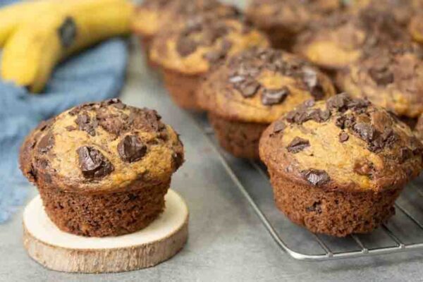 Banana Peanut Butter Chocolate Muffins, homemade and freshly served