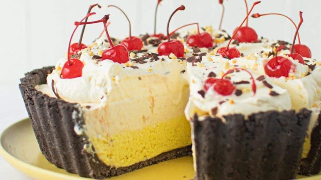 Banana Split Ice Cream Tart, homemade and freshly served