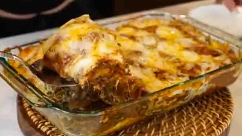 Cheesy Beef Enchilada Casserole, homemade and freshly served