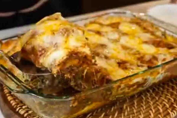 Cheesy Beef Enchilada Casserole, homemade and freshly served