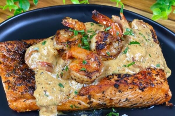 Best Blackened Salmon With Sautéed Shrimp, homemade and freshly served