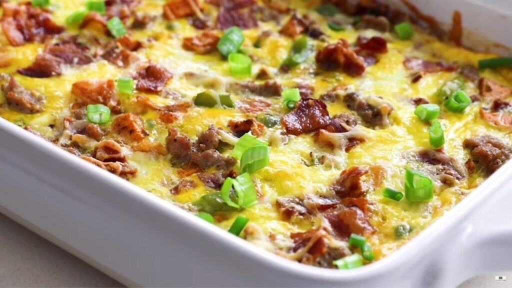Best Breakfast Bacon Sausage Casserole, homemade and freshly served