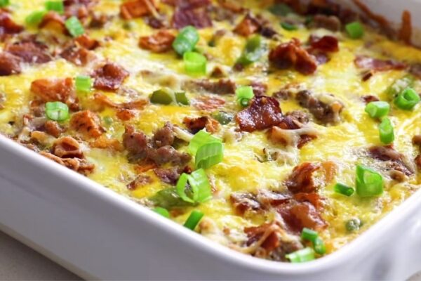 Best Breakfast Bacon Sausage Casserole, homemade and freshly served