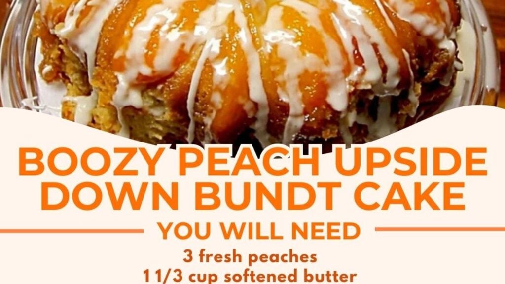 Boozy Peach Upside Down Bundt Cake, homemade and freshly served