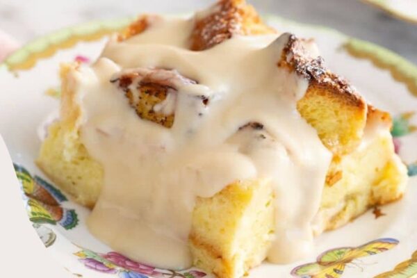 Bread Pudding With Vanilla Sauce, homemade and freshly served