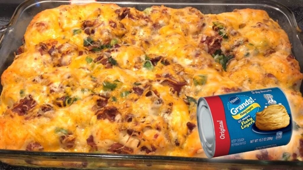 Breakfast Bacon Sausage Biscuit Casserole, homemade and freshly served