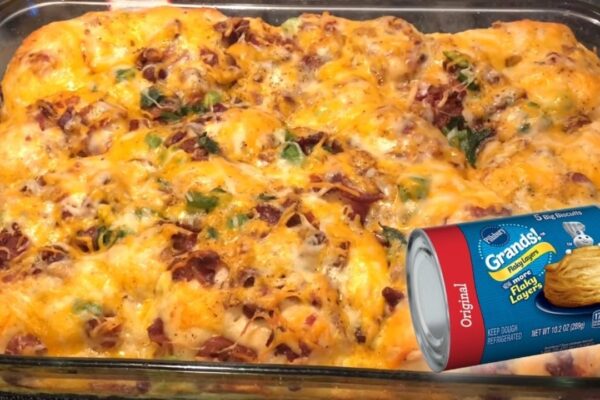 Breakfast Bacon Sausage Biscuit Casserole, homemade and freshly served
