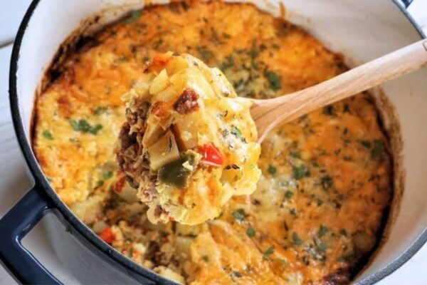 Breakfast Sausage Bacon Potato Casserole, homemade and freshly served
