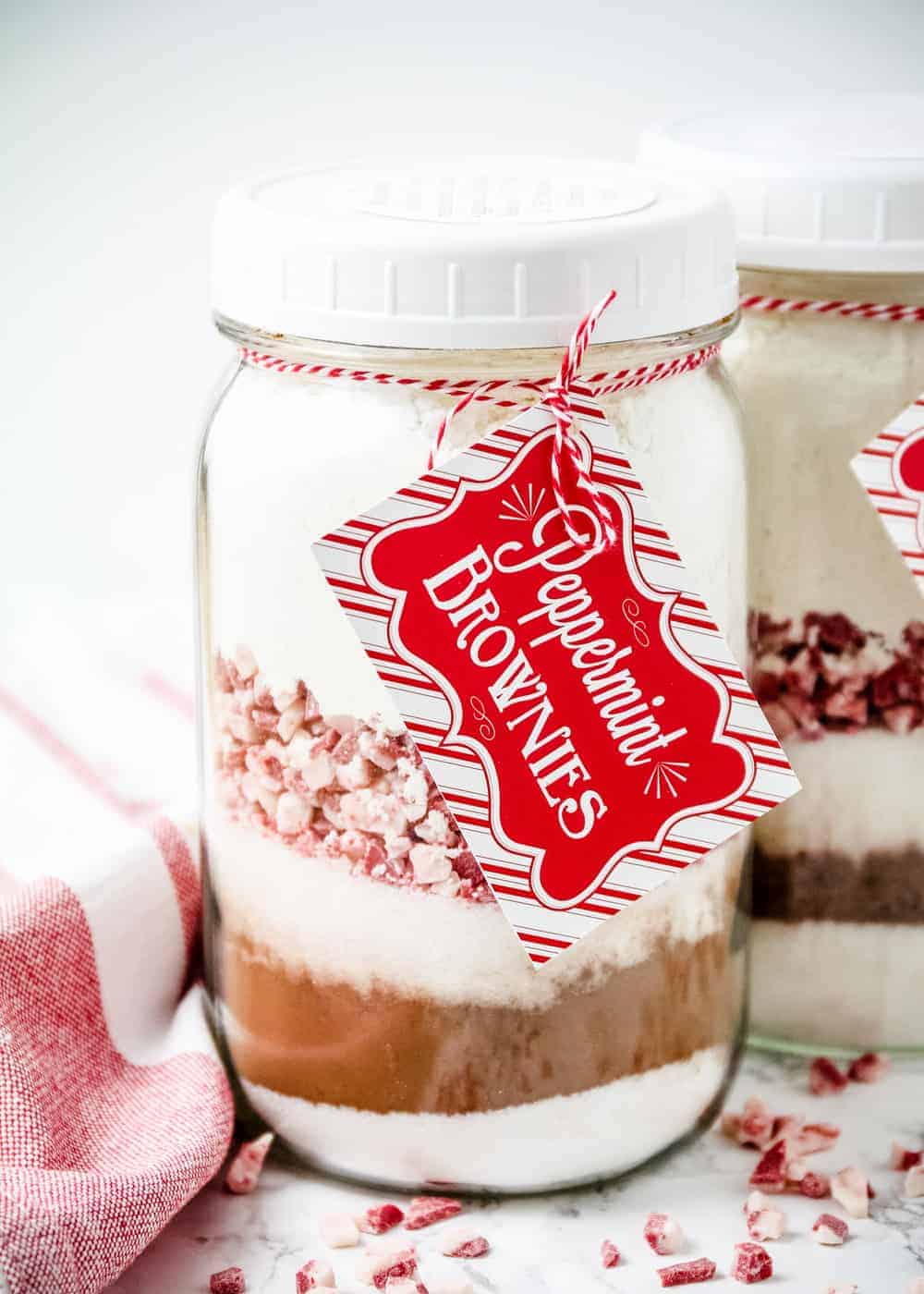 Mason jar gift ideas — peppermint brownie mix in a jar, easy DIY gift in a jar