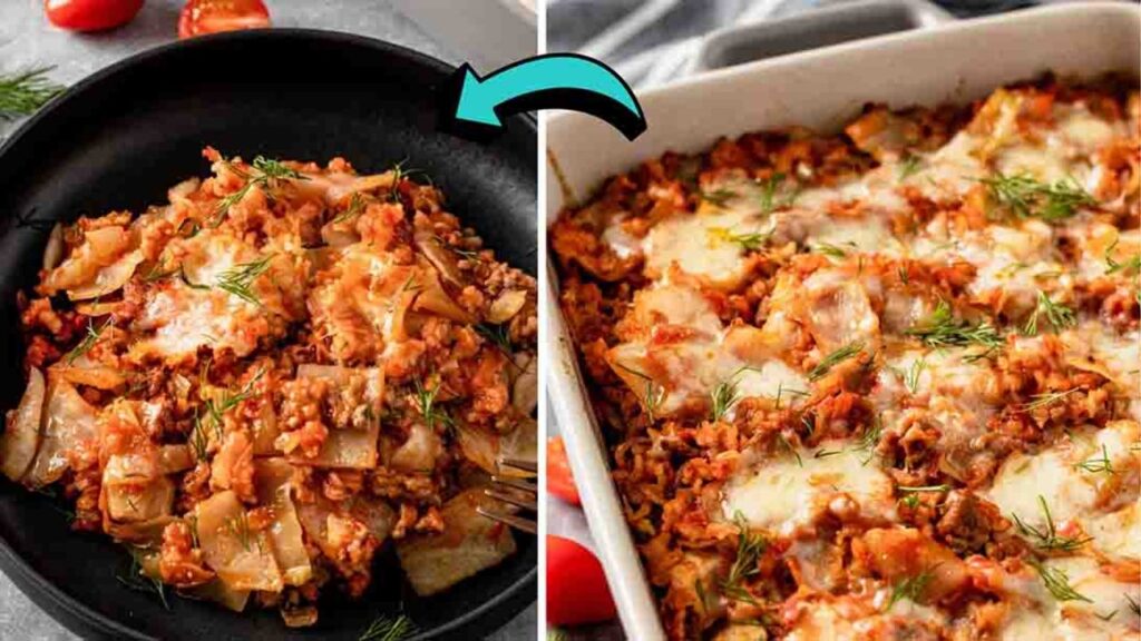 Ground Beef and Cabbage Casserole, homemade and freshly served