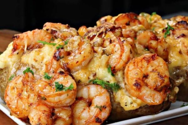 Cajun Shrimp Stuffed Loaded Baked Potato, homemade and freshly served