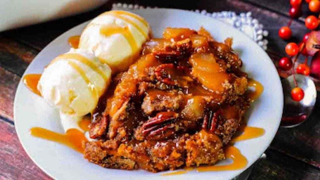 Caramel Apple Pecan Dump Cake, homemade and freshly served