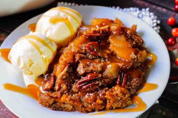 Caramel Apple Pecan Dump Cake, homemade and freshly served
