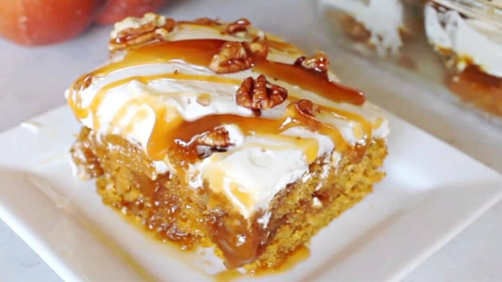 Caramel Pumpkin Poke Cake, homemade and freshly served
