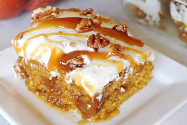 Caramel Pumpkin Poke Cake, homemade and freshly served
