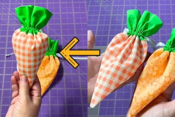 Finished Carrot Drawstring Treat Bag for Easter, a completed DIY project