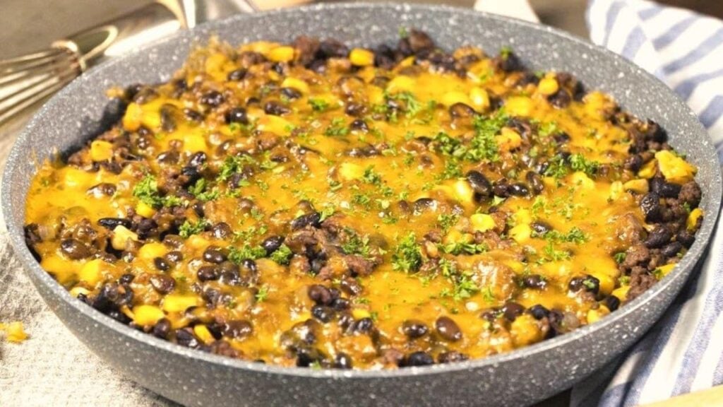 Loaded Cheese & Beef Cornbread Skillet, homemade and freshly served