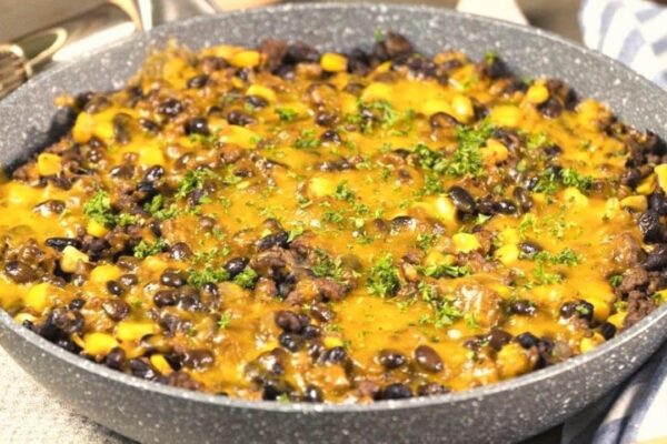 Loaded Cheese & Beef Cornbread Skillet, homemade and freshly served