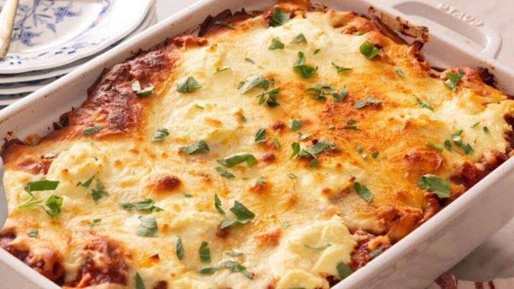 Cheesy Baked Ground Sausage & Pasta, homemade and freshly served